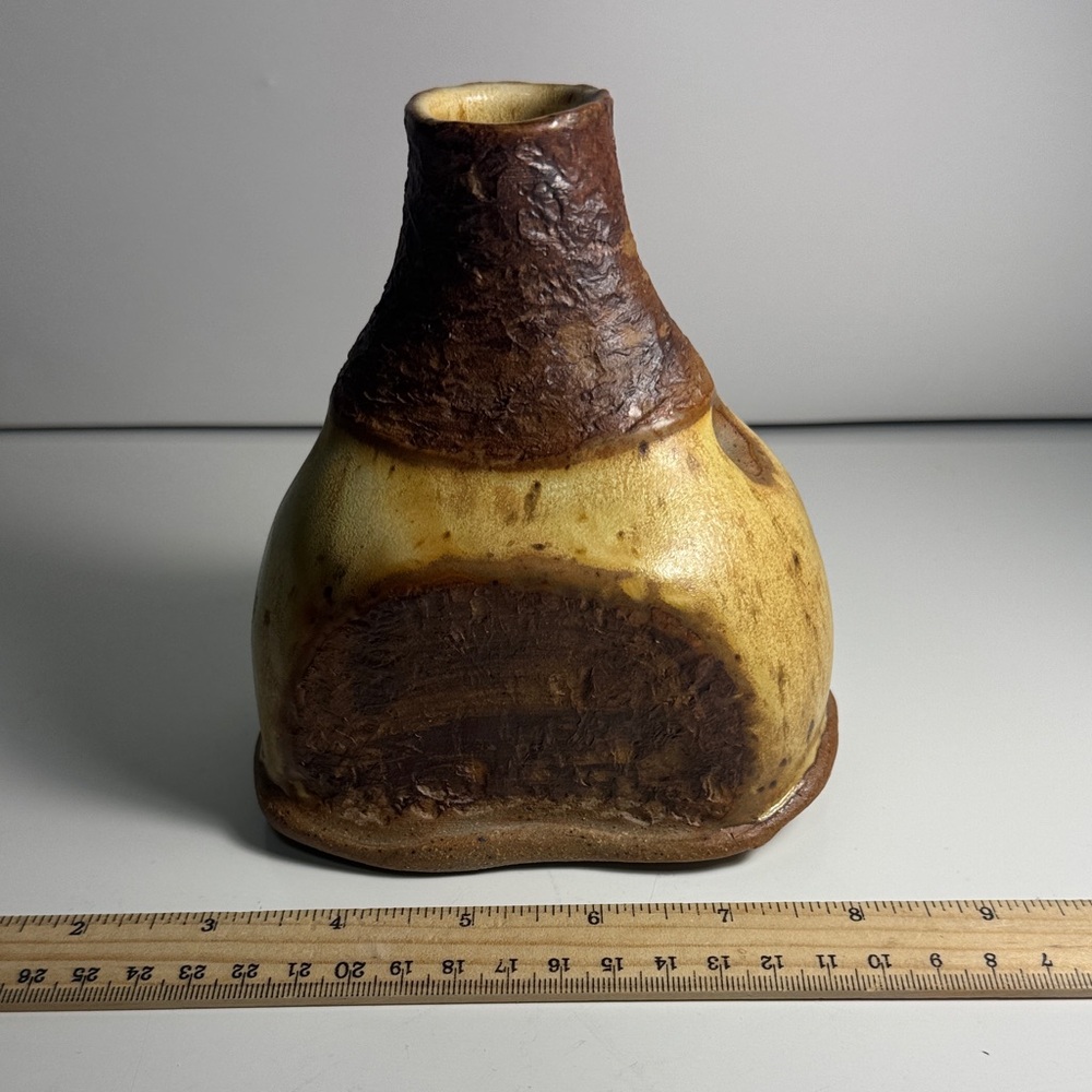 Vintage Handcrafted Brown and Yellow Ceramic Vase - Artisan Home Art unique